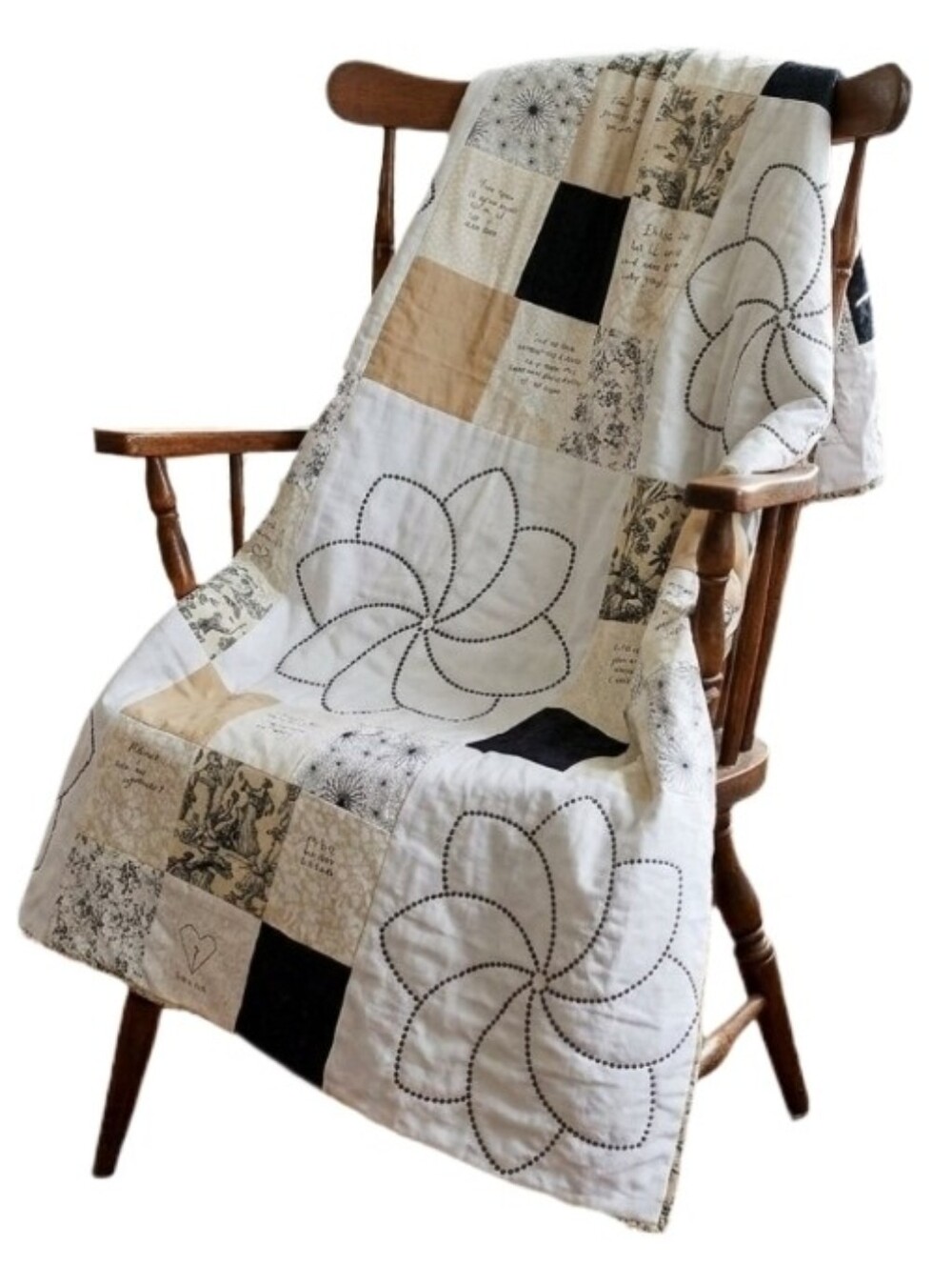 Handcrafted Patchwork Quilt Approx 46" X 49" Love Messages  Black Size OS